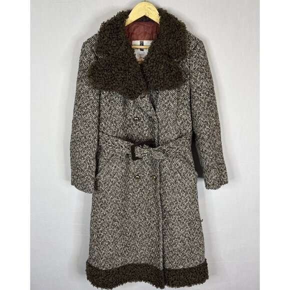 Vintage Marielle Fleury Wool Tweed Coat Faux Shearling Trim Belted Women 12 60s - Picture 1 of 9